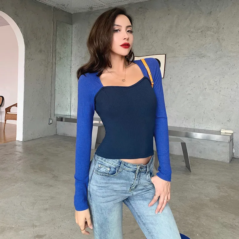 

Женская футболка с длинным рукавом, приталенная весенняя одежда с V-образным вырезом и глубоким вырезом