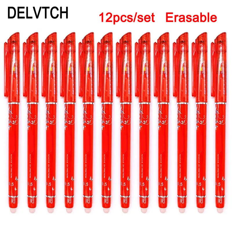 12pcs red Delvitch, 12 шт./набор, стираемая ручка, чернила, 0,5 мм, гелевая ручка, 4 цвета, доступны для детей, подарок для офиса, студента, написание, живопись, канцелярские принадлежности - Цвет: 12pcs red