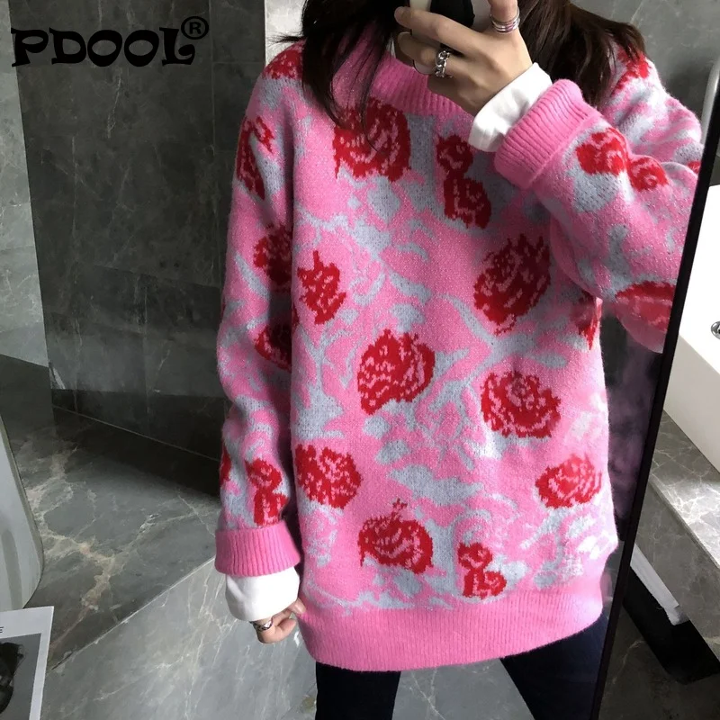 

Autumn 2021 Korean Retro Bright Silk Rose Jacquard Round Neck Knitted Top Thickened Pullover Sweater Women Pull Over Sweater
