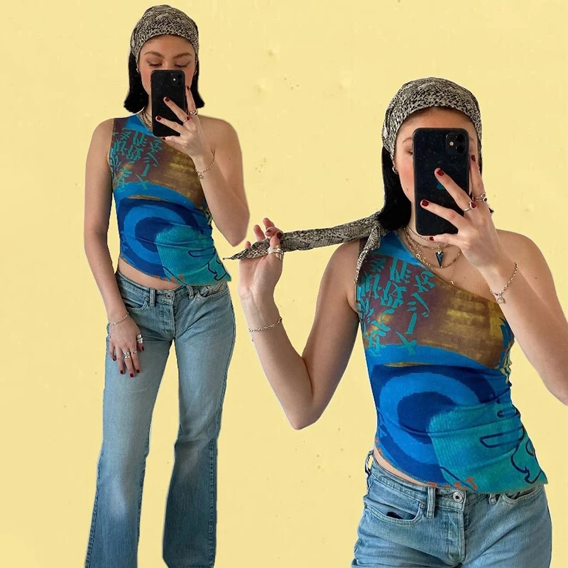 

Hand-Painted One Shoulder Summer Y2k Crop Tank Top For Girls Sleeveless Women Clothes Shirt 2021Casual Tank Pullover Vest Chic