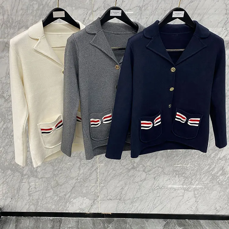 

TB BROWIN Women Suit Jacket Striped Doble Pockets Wool Casual Daily Wear Turn Down Collar Korean Design High Quality