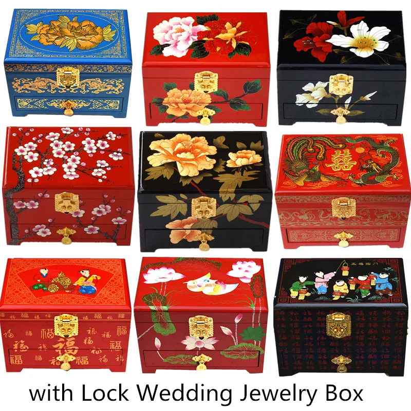 3 Layer Drawer Pulls Out Box for Jewelry Storage Organizer Decor Wedding Chinese Lacquerware Wooden Jewellery Cases with Lock