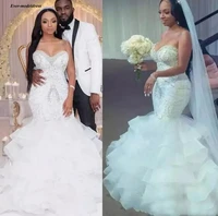 luxury mermaid wedding dresses 2021 strapless lace up back sweep train beaded crystal plus size bridal