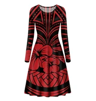 samoa tribe hibiscus printing fashion casual dress o neck corset long sleeve long party banquet skirt womens autumn red dress