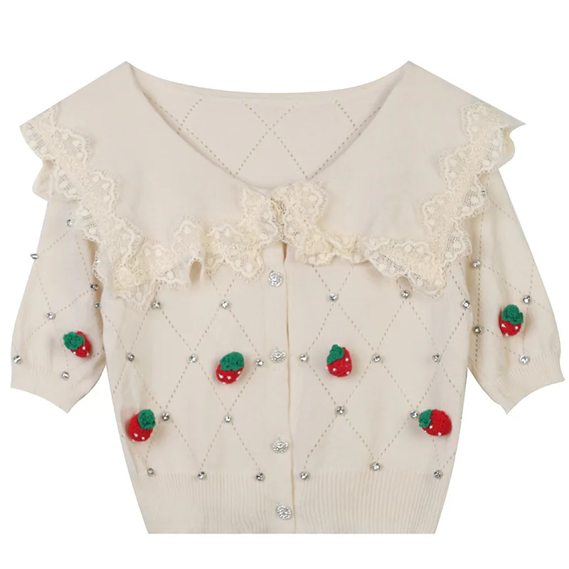 

Summer Woman Short Slim Elegant Knitted Beading Strawberry Cardigans Lace Collar Thin Sweater Cardigan YOU401