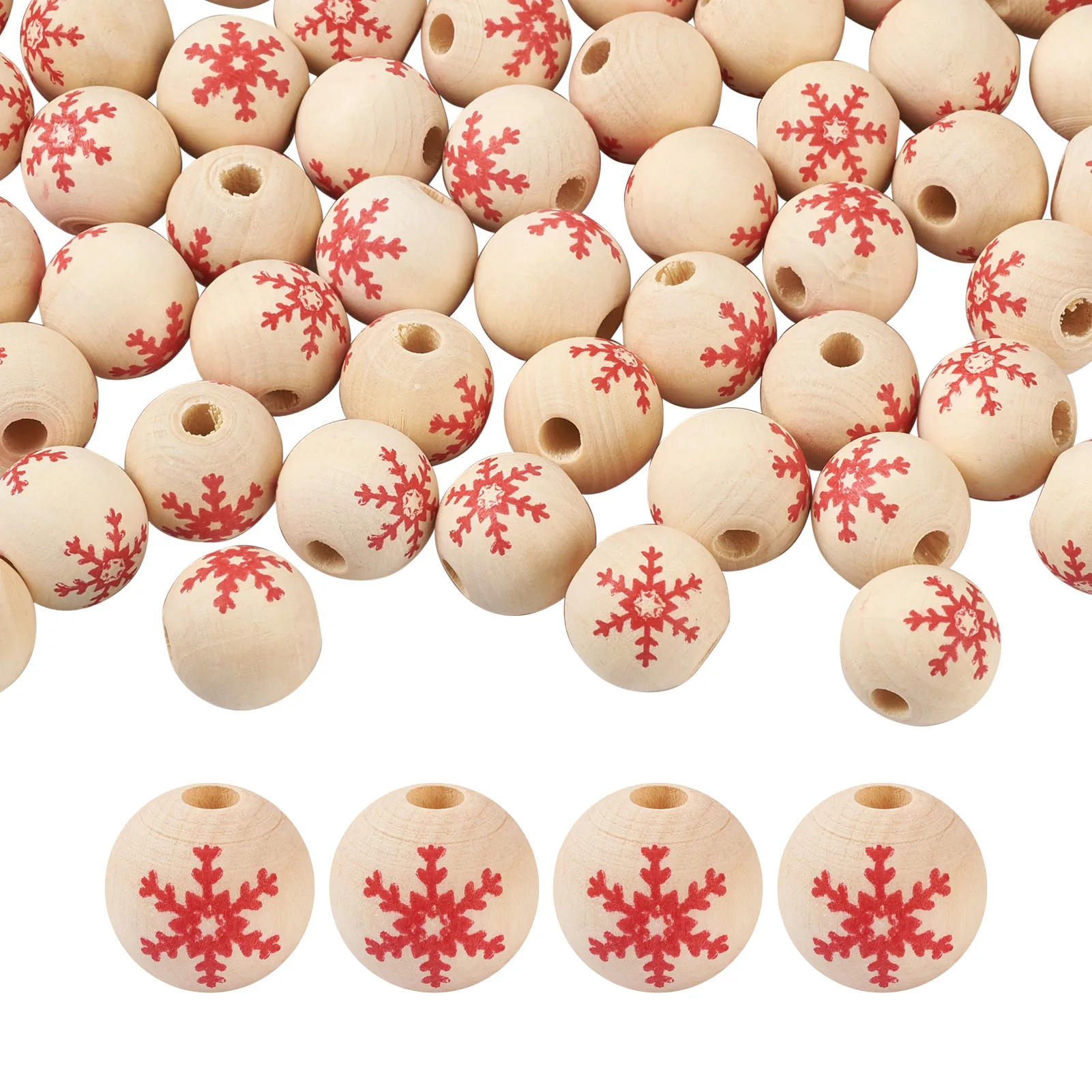 

50Pcs Snowflake Pattern Natural Wooden Beads Dyed Round Spacer Loose Beads for Xmas Theme Bracelets Necklaces DIY Jewelry Making