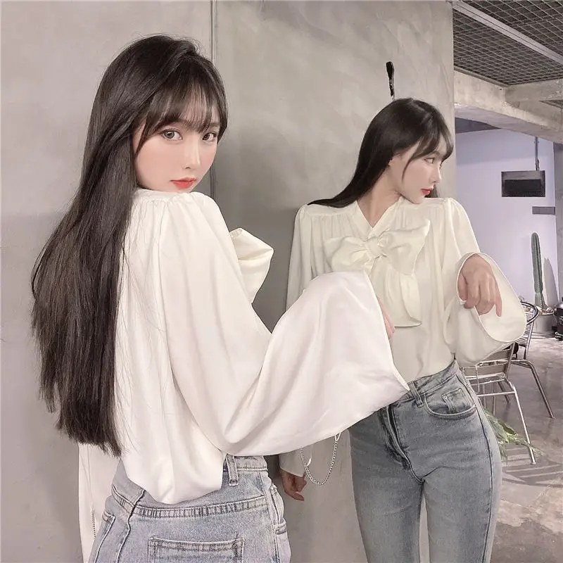 

KUSAHIKI Spring New White Bow Tie Blouses Causal Puff Long Sleeve Women Shirt 2021 New Korean Blusas Mujer De Moda 6E548