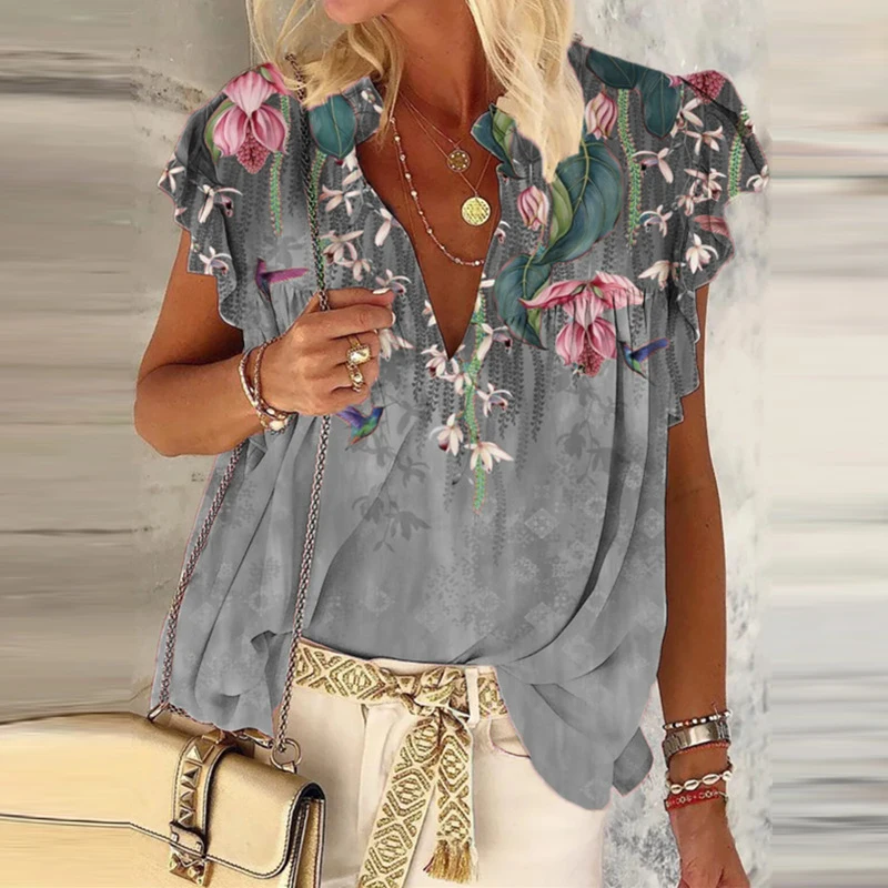 

Women Ruffles Casual V-Neck Tops Summer Floral Print Ruffles Casual Shirts Colorful Loose Oversized 5XL Blouse Streetwear Blusa