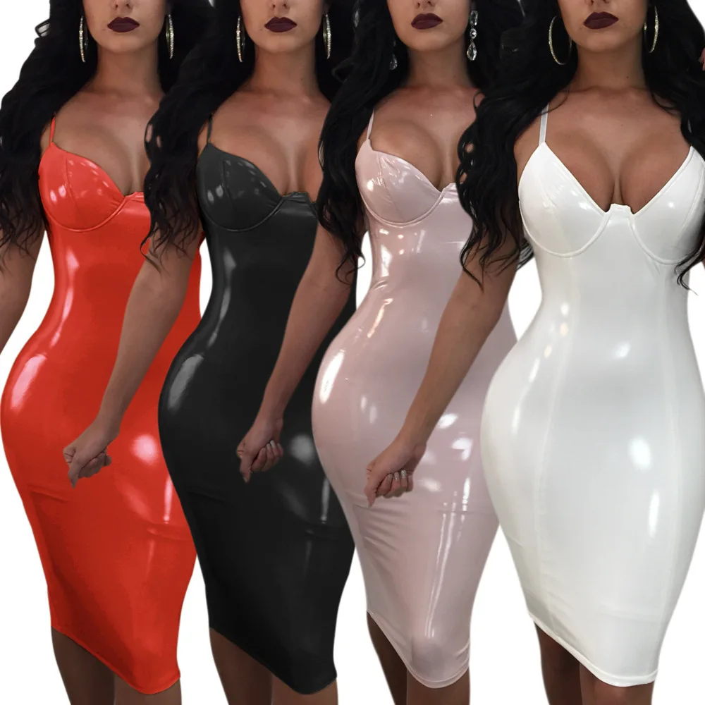 

Women PVC Leather Dress Sexy Sleeveless Wetlook Shiny Split Bodycon Bandage Dress Party Clubwear Vinyl Latex Dresses