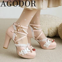 agodor 2021 platform high heels lolita pumps block heel princess cute pumps criss cross ankle strap women pumps shoes wedding