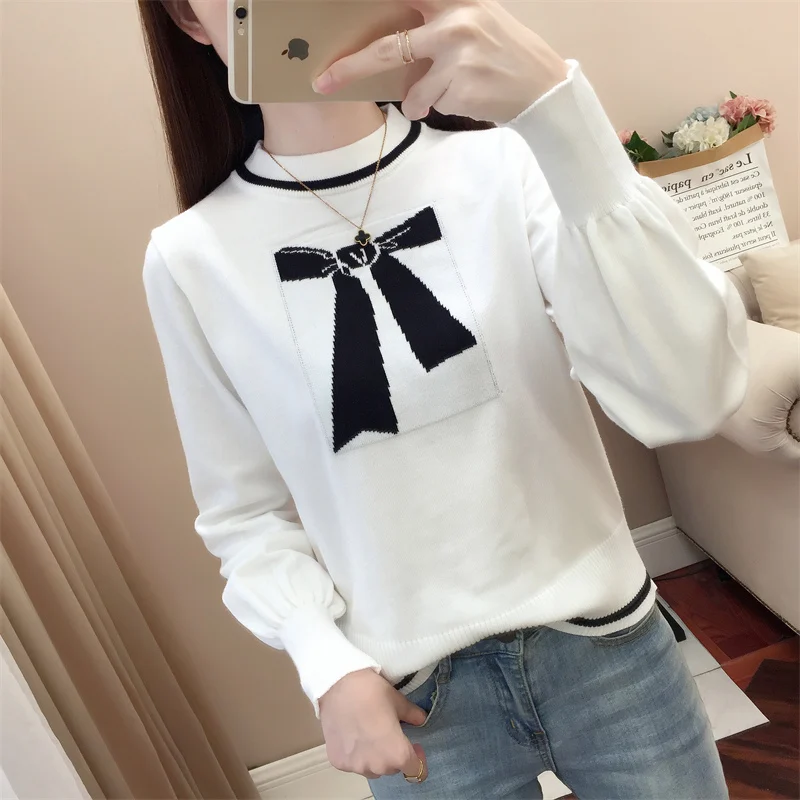 

Half high neck bow loose sweater 2021 new winter women white