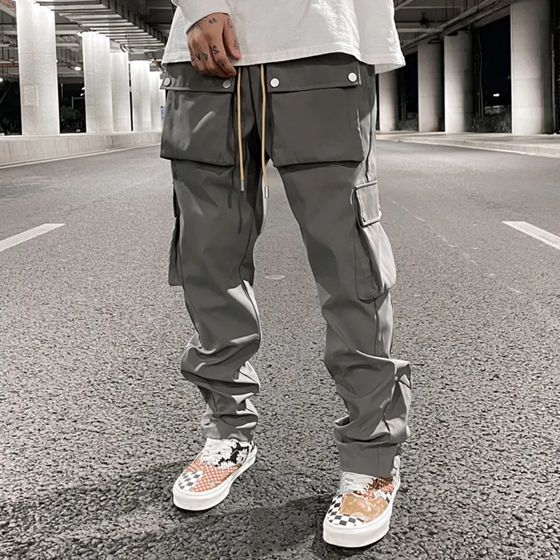

High Street Multi-pocket Casual Trousers for Men aSide Breasted Drawstring Cargo Pants Harajuku Solid Loose Pants