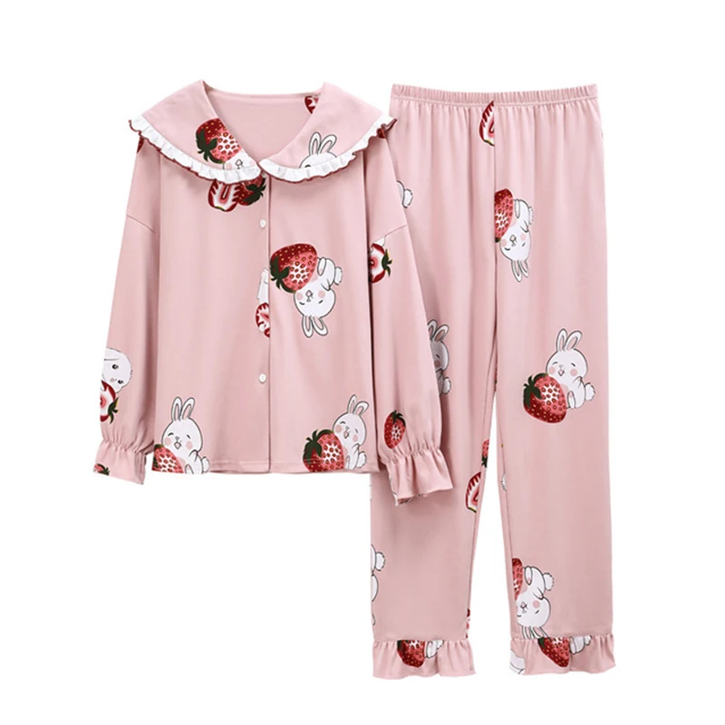 

Korean Style Women's Autumn Spring Pajama Set Plus Size 2020 Female Sleepwear Sweet Turn Down Collar Single Breasted Home Suit