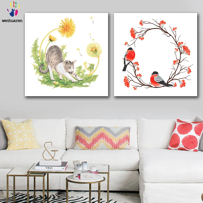 DIY картинки для раскраски по номерам с цветами цветок Кот и птица растение