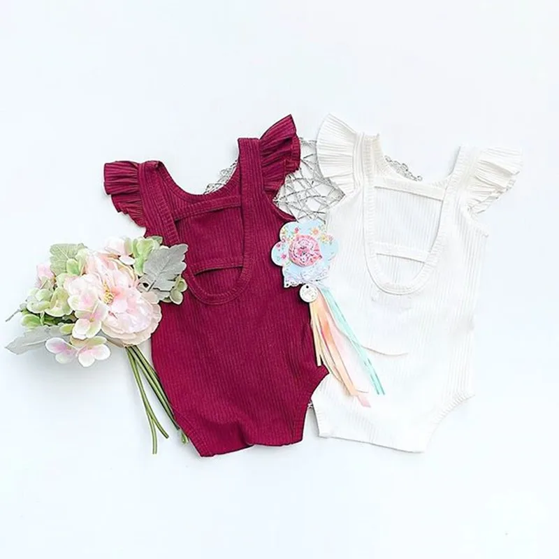 

Newborn Baby GIrls Cotton Romper Summer New Fly Sleeve Solid Hollow Back Jumpsuit Playsuit Outfit One piece