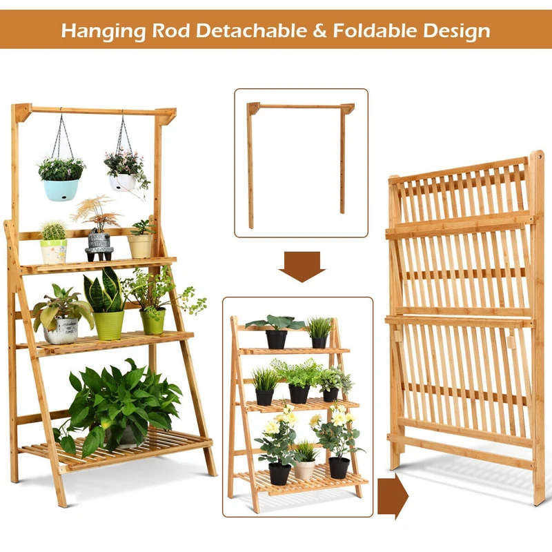 

3 Tiers Durable Bamboo Hanging Folding Plant Shelf Stand Elegant Hanging Design Multifunctional Storage Rack Smooth Surface Rack