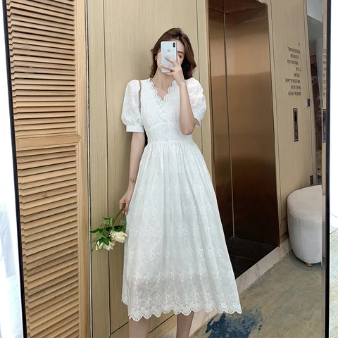 Женское цельнокроеное платье в Корейском стиле, офисные белые платья с коротким рукавом, кружевными пышными рукавами, высокой талией, молнией и V-образным вырезом, лето 2021