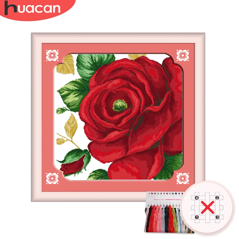 

HUACAN Embroidery Rose Flower Kit Needlework Cross Stitch Floral Sets White Canvas DIY Gift Home Decor 11CT 14CT