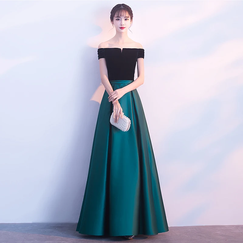

Long Evening Dress Velvet Top A Line Floor Length Satin Formal Party Gowns Lace Up 2020 Sexy Off the Shoulder Elegant Vestidos