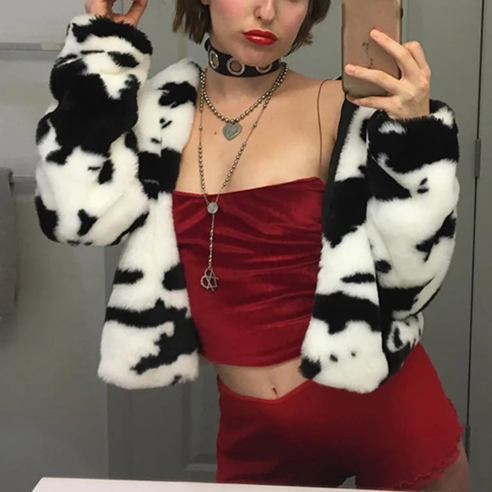 Женские меховые пальто Y2K E-girl с коровьим принтом теплая Модная длинная куртка на
