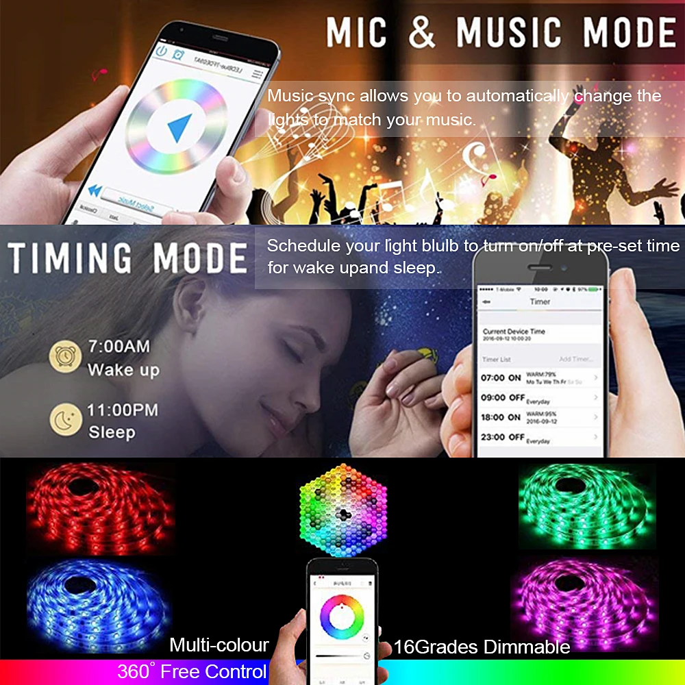 

Work With Alexa Remote RGB 5050 LED Strip Light Flexible Ribbon RGB Tape Diode DC 12V APP bluetooth Light Strips for Bedroom