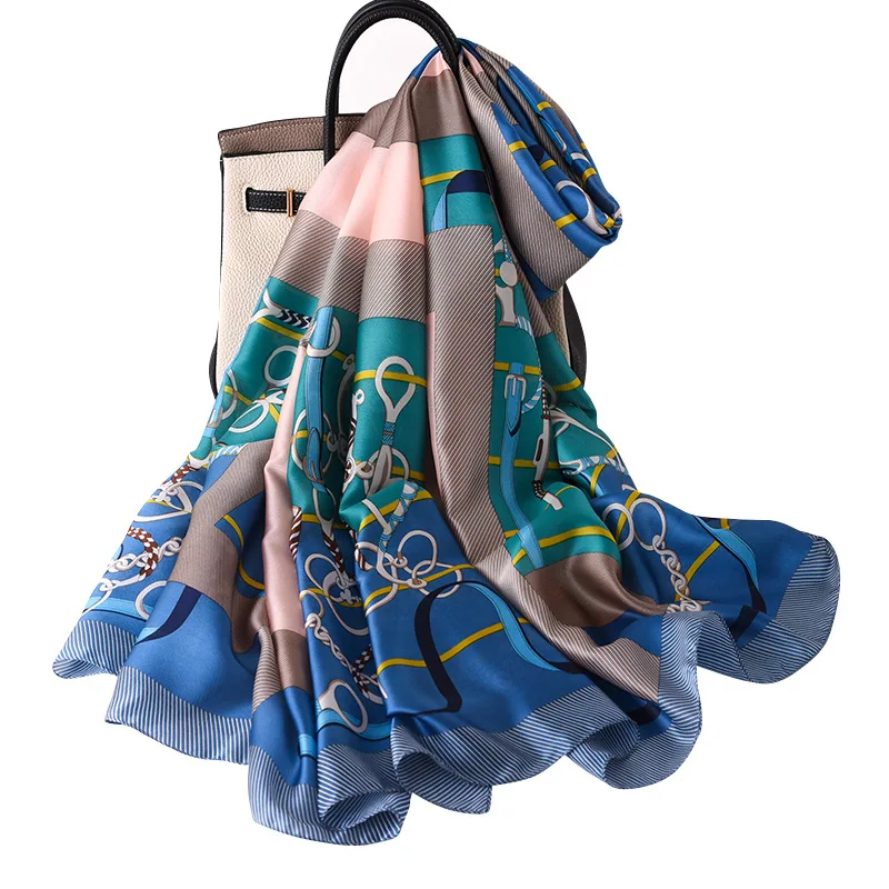 

2021 Spring Summer Fashion Silk Scarf Women Luxury Plaid Chain Print Shawls Pashmina Female Foulard Beach Towel Head Scarves
