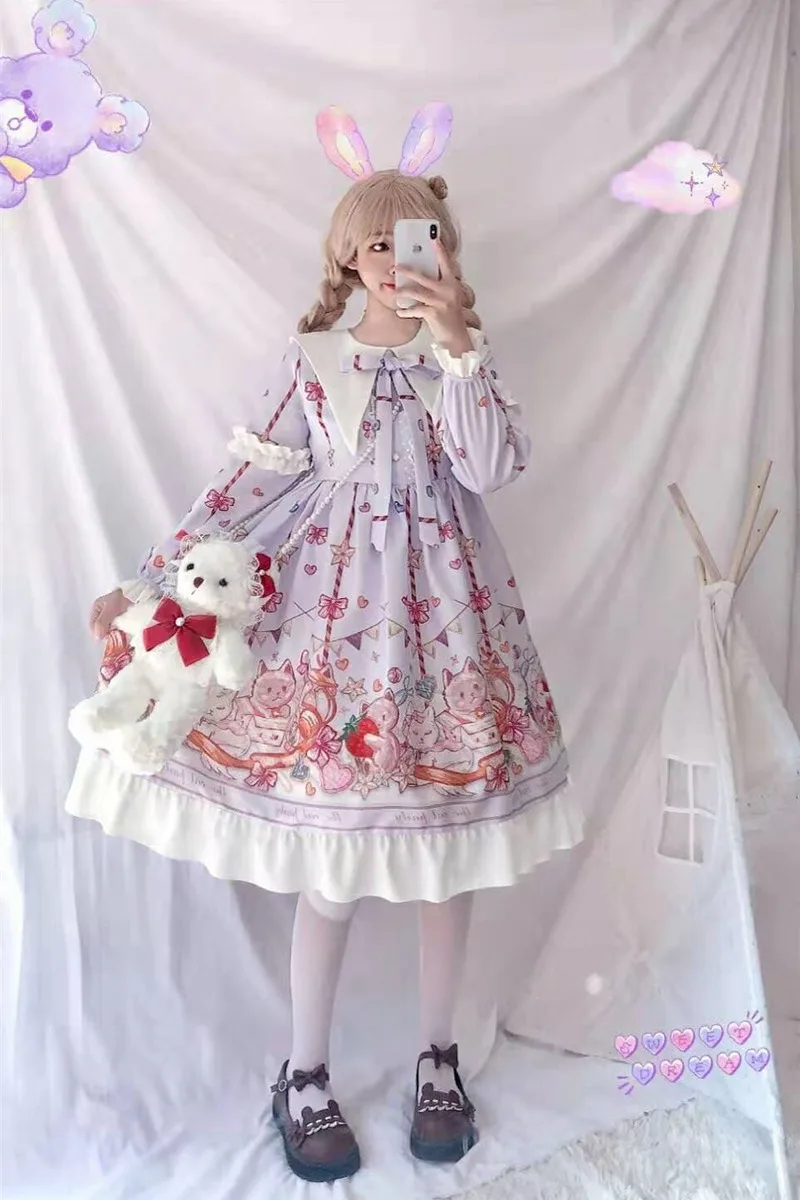 

Lolita Cat Party Big Skirt Op Long-Sleeved Dress Spring and Autumn Models renaissance gothic lolita sweet dress