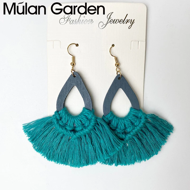 

M&G Bohemian Wood Tassel Earrings for Women Bridesmaid Wedding Jewelry Ethnic Handmade Cotton Fringed Macrame Earrings Girl Gift