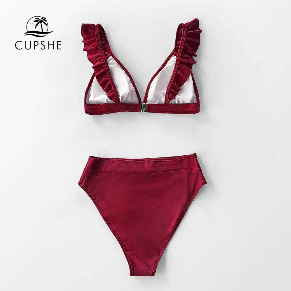 CUPSHE, Одноцветный, красный, зеленый, с оборками, с высокой талией, бикини, наборы, сексуальный купальник, две части, купальник для женщин,, пляжные купальники