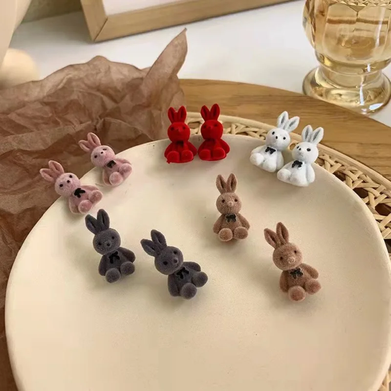 

Korean Cute Flocking Rabbit Earrings For Women Girls Kawaii Bow Plush Animal Stud Earring Funny Christmas Jewelry Gift Brincos