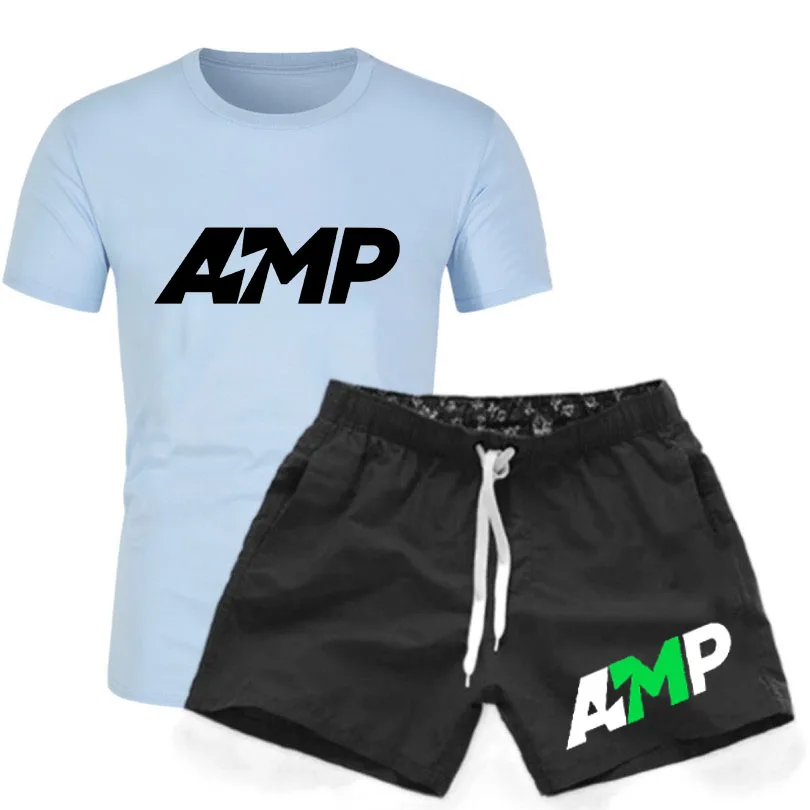 

Trampoline basketball sportswear AMP Funny Short sleeve + lacework shorts 2021new men's tracksuit summer streetwear hip-hop suit