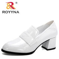 royyna 2020 new designers patent leather chunky high heels single shoes woman round toe pumps ladies wedding shoes zapato mujer