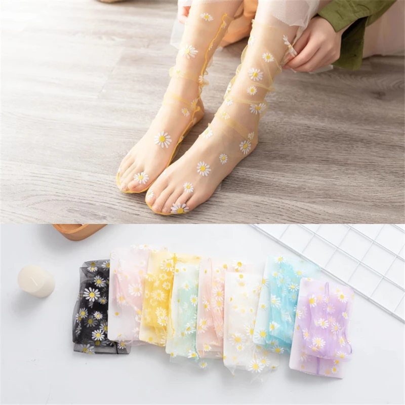 New Daisy Socks Women Sweet Floral Korea Japanese Harajuku Chiffon Mesh Breathable Sock For Ladies Transparent Sexy Socks
