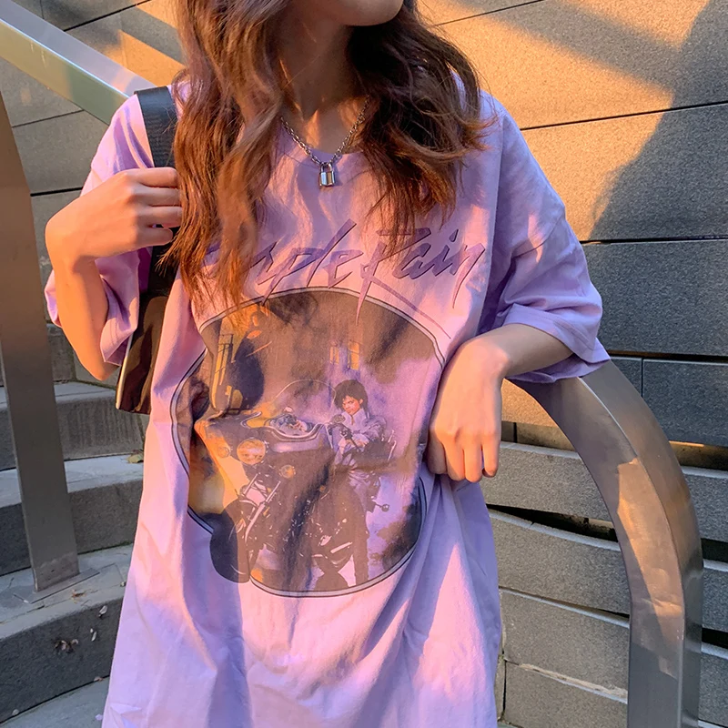 

Cotton Summer T-Shirt Loose Plus Size Short-Sleeved T-Shirt Woman Purple Hip-Hop Streetwear Harajuku Punk Print Oversized Tshirt