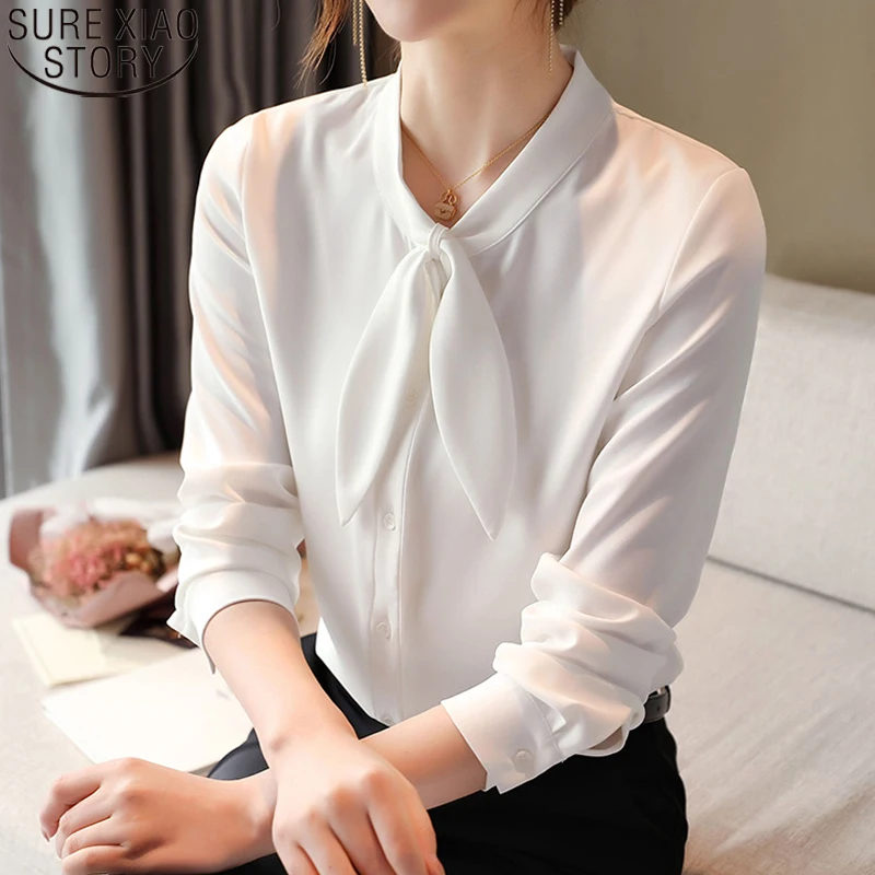 

Office Lady Bow Shirt Womens Tops and Blouses Autumn 2021 Fashion Satin Shirt Slim Fit clothes Solid Long Sleeve Blusas 12196