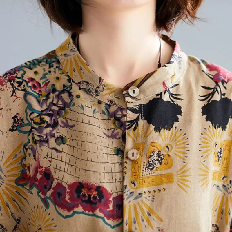 Plus Size Cotton Linen Long Blouse Shirt Dress Women Summer Spring New Vintage Print Female Shirts Kimono Cardigan 6XL 7XL | Женская