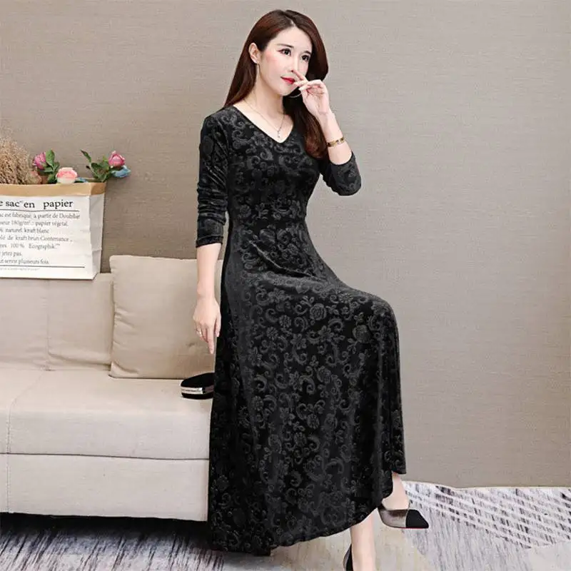 

Dress Women Cocktail Winter Long Maxi Dress Gold velvet Long Sleeve plus size