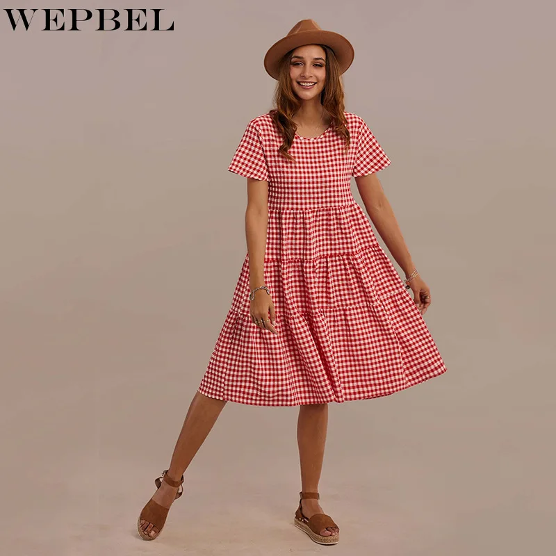 

WEPBEL Dress Women's Casual O-Neck Plaid Printed Dress Summer Fashion Short Sleeve Loose Pleated Stitching Dress