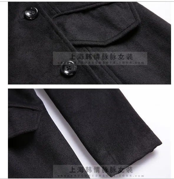Европейская мода женское черное шерстяное пальто с лацканами Тонкий двубортный