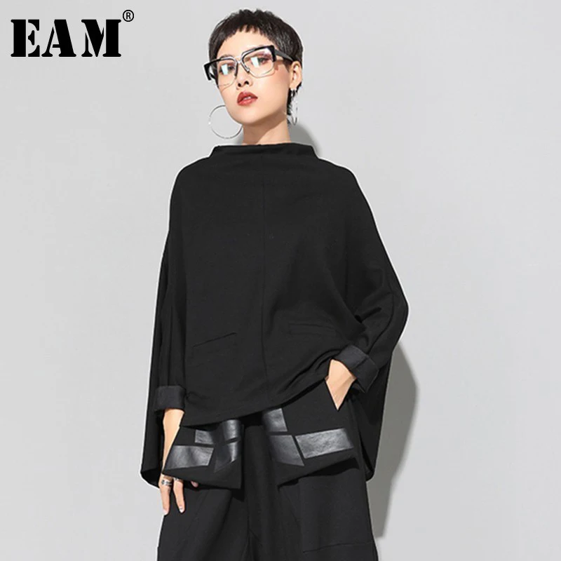 

[EAM] 2021 New Spring Stand Collar Long Sleeve Black Loose Irregular Big Size Cloak Sweatshirt Women Fashion Tide JI949