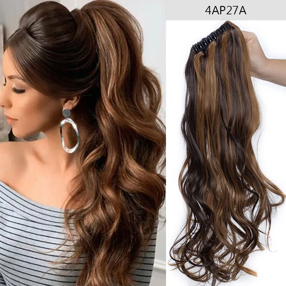 S-noilite 24inch Synthetic Wavy Claw Clip In Ponytail Extension Hair Pony Tail Fake Hair Hairpiece Long Tail Hair For Women