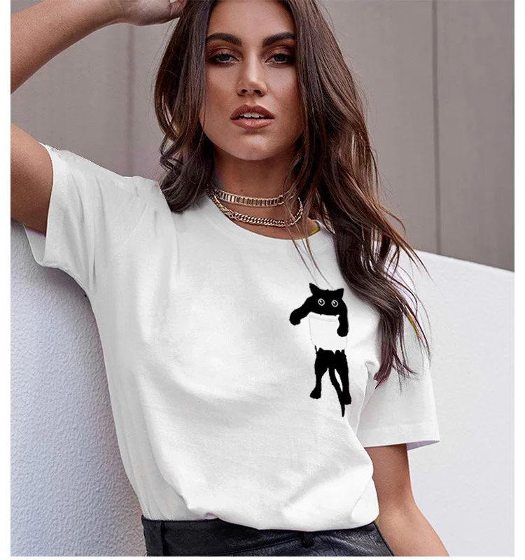 

2021Wish AliExpress joom foreign trade popular pocket cat round neck T-shirt plus size short sleeve women