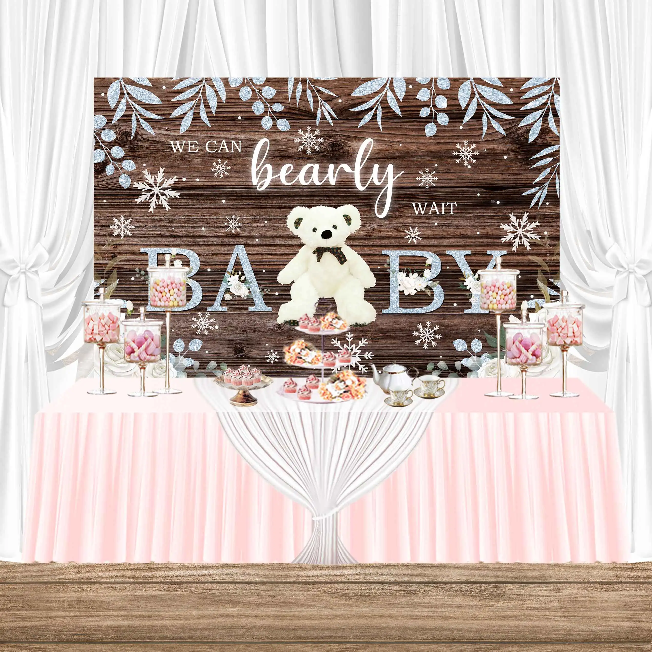 

Winter Bear Birthday Photo Photography Wooden Flowers Snowflake Butterfly Knot Baby Shower Party Backgrounds Baby Backdrop