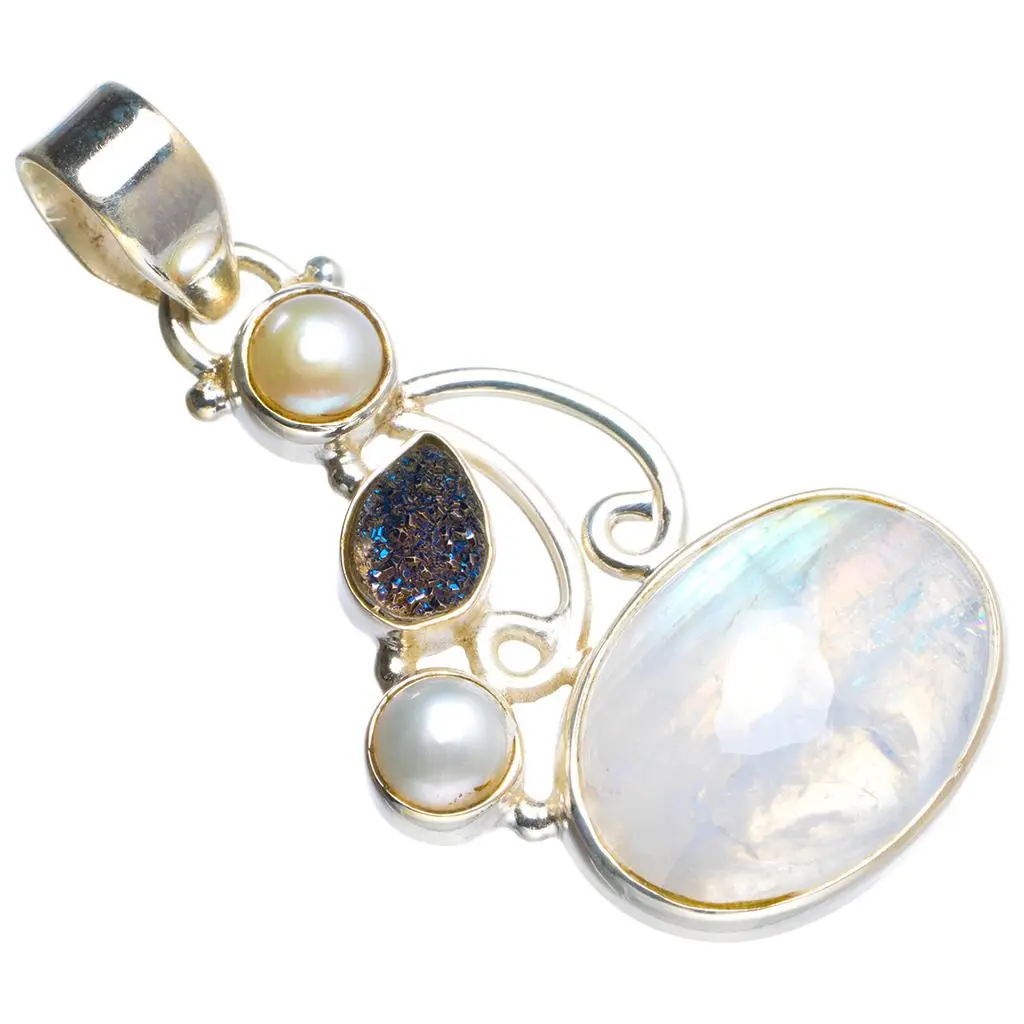 Натуральный Радужный Лунный Камень и речной жемчуг подвеска из стерлингового