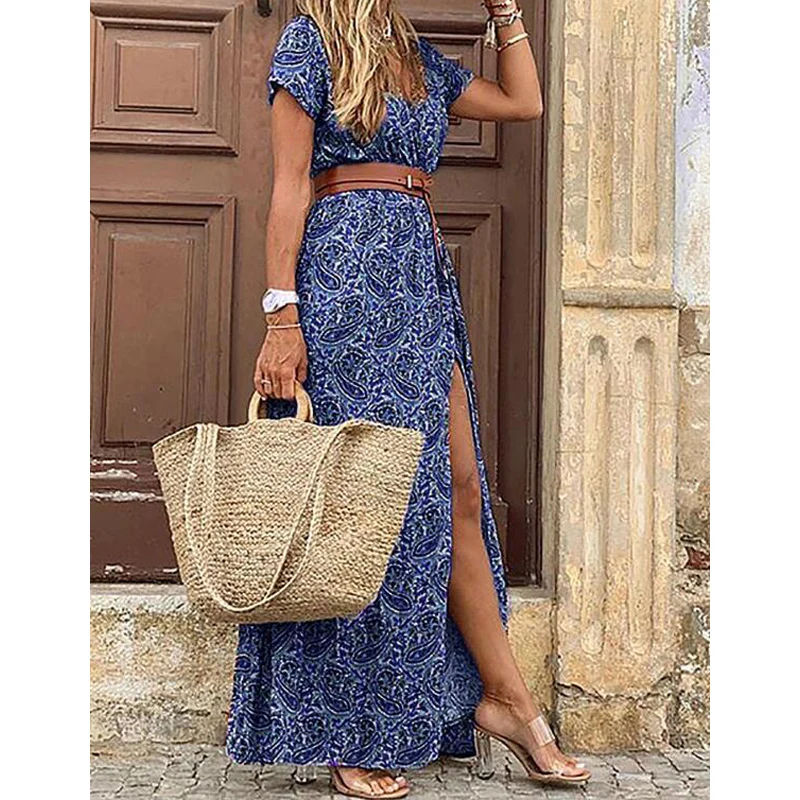 

Holiday Long Dress for Women V Neck Short Sleeve Fashion Boho Dress Print Belt Beach Long Dress Elegant Women's Dress 2021