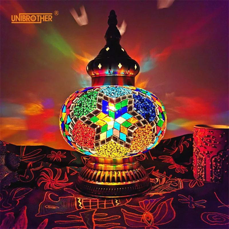 

Turkey Bohemian Retro Romantic Handmade Colored Glass Mosaic LED Bedside Table Lamps Tabletop Decorative Lights