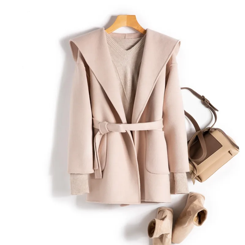 

Hooded Solid Double Sided Wool Coat Women Outerwear 2021 Spring Autumn New Casual Loose Hepburn Woolen Cloth Overcoat Female