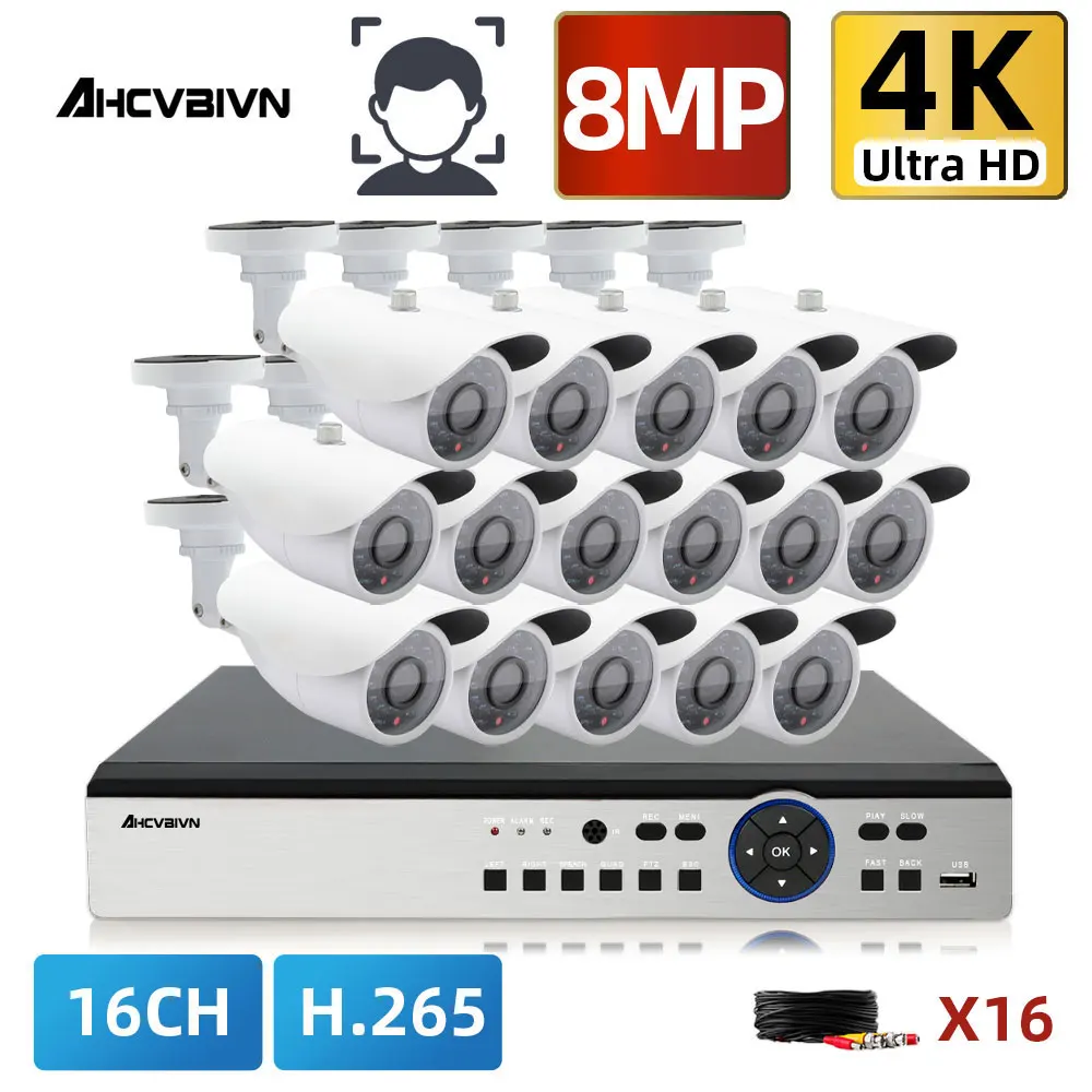 

8CH Распознавание лиц 4K DVR Kit Аудио CCTV Системы 8/16 * 8MP металла AHD Камера IP66 P2P для дома и улицы H.265 + комплект видеонаблюдения