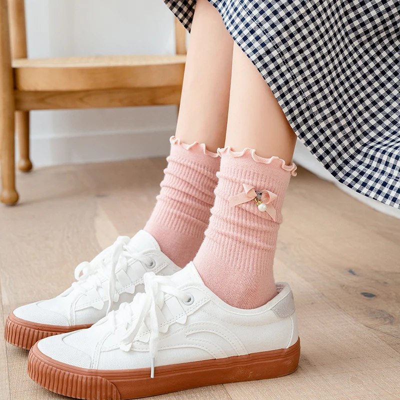 

10 pieces = 5 pairs Socks Women Ins Fashion Solid Color Wooden Ear Cotton Bow Pearl Candy-Colored women Socks