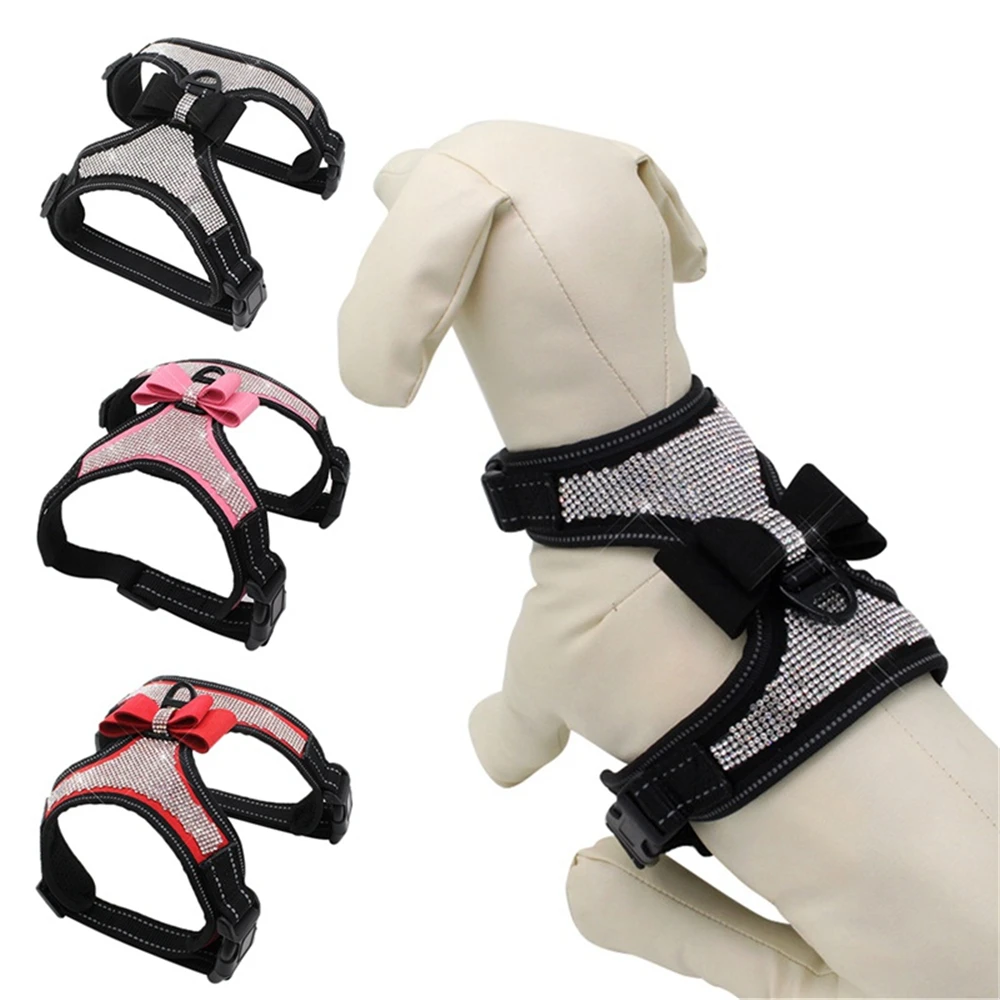 

Reflective Diamond Bling Rhinestone Bowknot Cat Vest Harness Nylon Kitten Leash Cat Chest Strap Belt Small Medium Pet Supplies